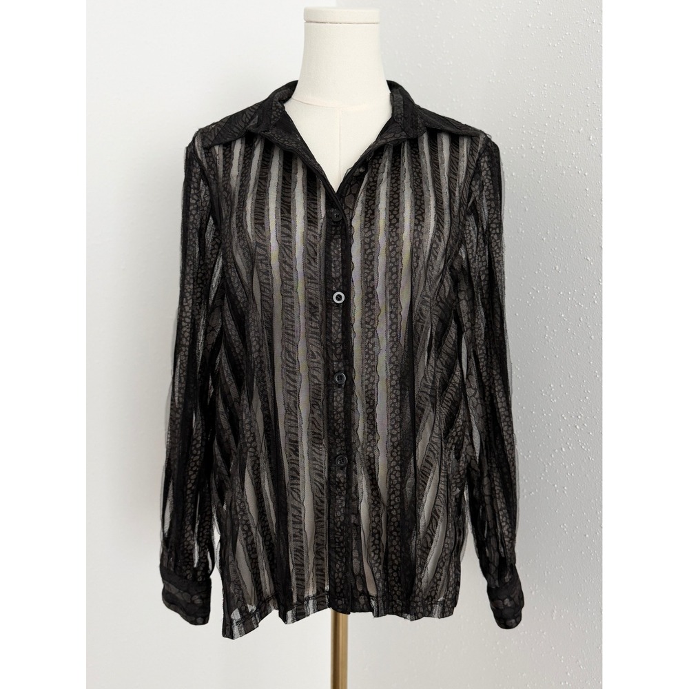 Y2K Black Sheer Animal Print Mesh Button Down Blouse Edgy Goth Grunge‎ (12P)